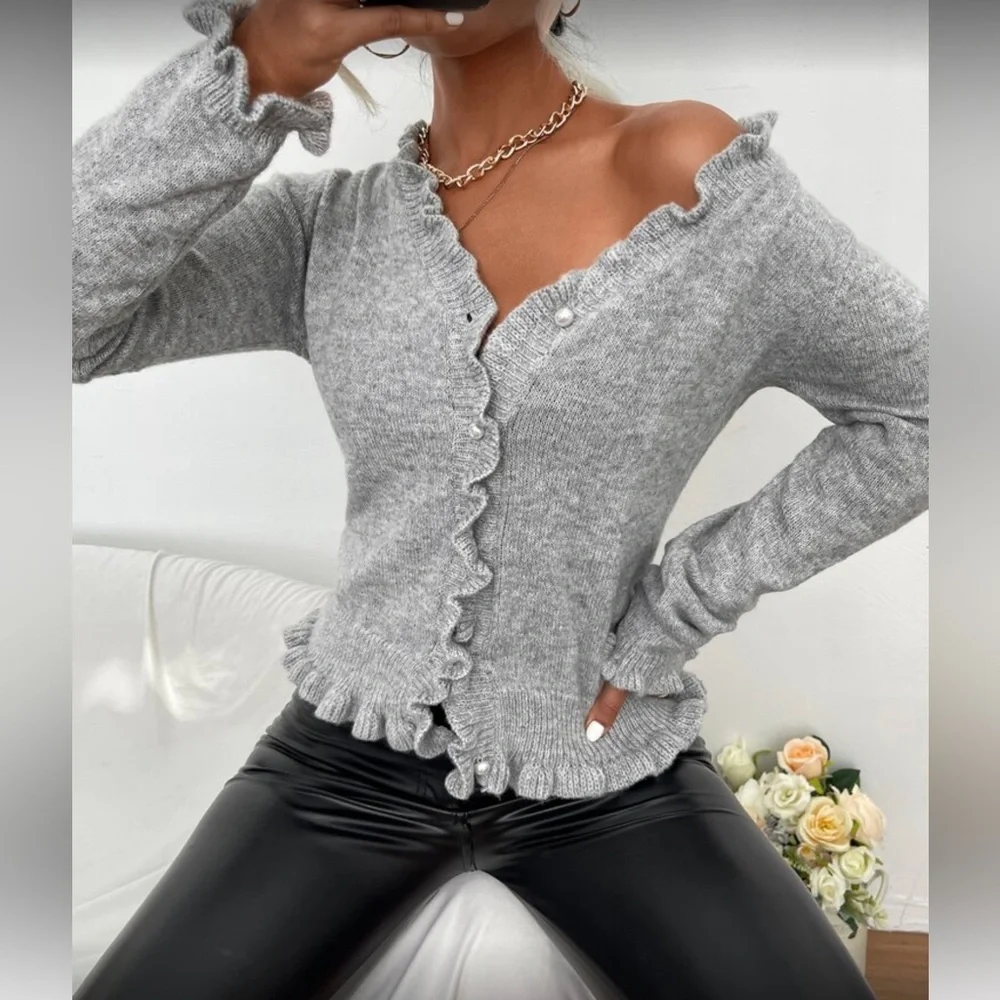 Gray Ruffled Button-Up Sweater - Picture 3 of 5